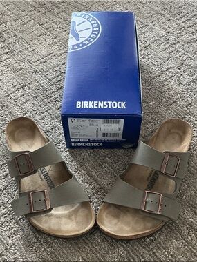 Birkenstock Arizona Two-Strap Sandals Stone with Copper Buckles